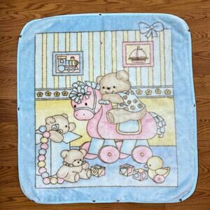 Casa Imports Baby Blanket Acrylic Plush Blue Pastel Bear Rocking Horse Spain VTG